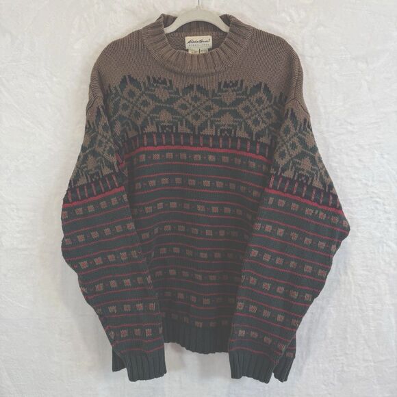 VTG Eddie Bauer Sweater Brown Green Fair Isle Cotton Old Money 90s XLT - Picture 1 of 10